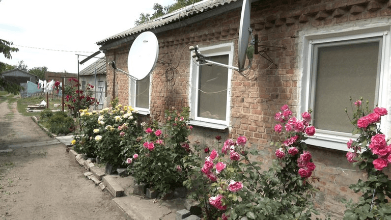 Одноповерховий цегляний будинок біля якого ростуть троянди