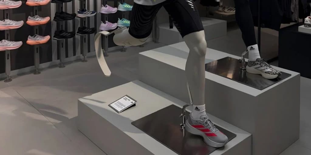 На зображенні в магазині Adidas представлено виставкову інсталяцію. Манекен у спортивному одязі стоїть у позі бігуна та має протез-«бігове лезо». Він взутий у кросівки Adidas із червоними смугами. Поруч стоїть інший манекен у спортивному взутті. На задньому фоні — стіна з полицями, де розміщені різнокольорові кросівки Adidas (рожеві, чорні, сині, фіолетові). На платформі біля манекена з протезом видно невелику табличку з інформацією про експозицію. Сцена підкреслює інклюзивність у спортивному маркетингу.