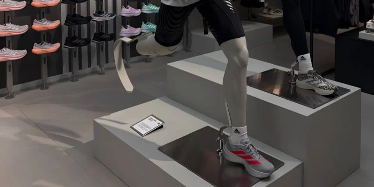 На зображенні в магазині Adidas представлено виставкову інсталяцію. Манекен у спортивному одязі стоїть у позі бігуна та має протез-«бігове лезо». Він взутий у кросівки Adidas із червоними смугами. Поруч стоїть інший манекен у спортивному взутті. На задньому фоні — стіна з полицями, де розміщені різнокольорові кросівки Adidas (рожеві, чорні, сині, фіолетові). На платформі біля манекена з протезом видно невелику табличку з інформацією про експозицію. Сцена підкреслює інклюзивність у спортивному маркетингу.