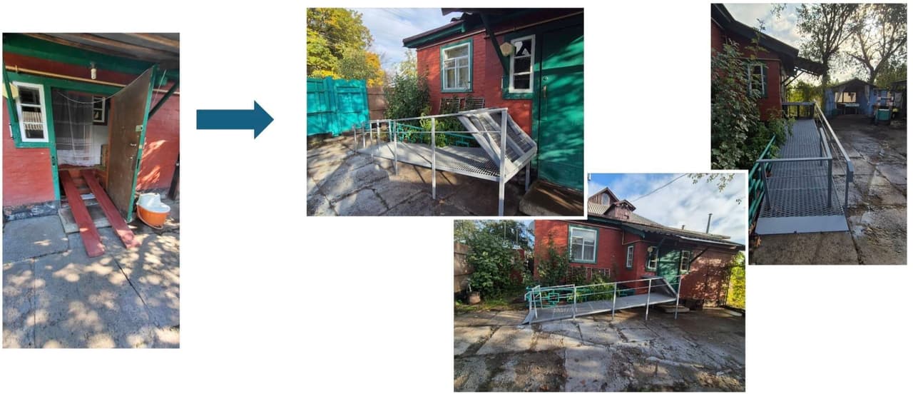 A photo collage showing the upgrade of a brick building entrance. On the left is the old steep wooden ramp without handrails. On the right are several views of the new metal accessibility ramp with handrails, a wide landing, and a concrete base, designed for safe and inclusive access.