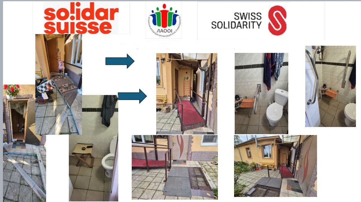 Колаж «до і після» демонструє покращення доступності будівлі. Ліворуч — фото до ремонту: вузький вхід із нерівними сходами без пандуса; ванна кімната з табуретом і без поручнів. Праворуч — фото після оновлення: новий пандус із поручнями біля входу; ванна кімната з поручнями біля унітазу та душу, а також відкидним сидінням. Угорі — логотипи організацій, зокрема «solidar suisse», «Swiss Solidarity» та українського партнера. Сцена ілюструє вплив соціальної підтримки на доступність для людей з порушеннями мобільності.