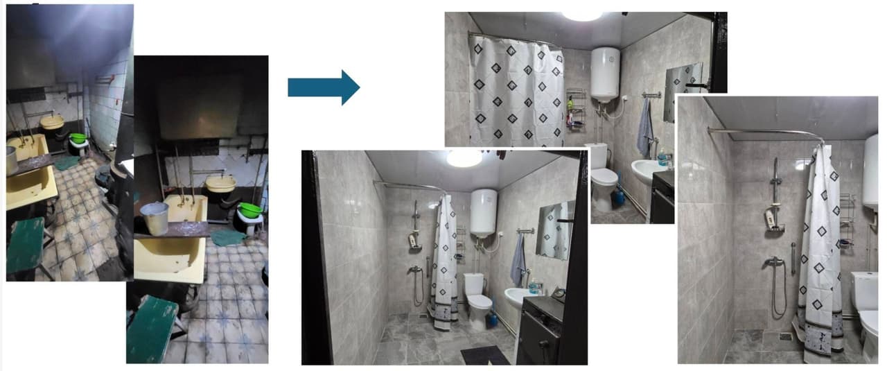 A photo collage showing a bathroom renovation. On the left is the old bathroom with two sinks, a green stool, stained tiles, and a cluttered layout. On the right is the updated space featuring a shower with a curtain, white toilet, water heater, light-colored tiles, and a clean, organized design.