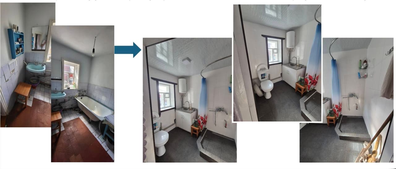 A photo collage showing a bathroom renovation. On the left is the old bathroom with blue fixtures, a black-and-white bathtub, brown tiles, and wooden stools. On the right is the updated space featuring white fixtures, a glass shower partition, a water heater, and grey tiles, creating a clean and modern look.