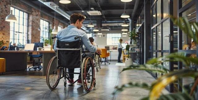 A modern office with industrial design featuring exposed brick walls, glass partitions, and overhead lighting. A person in a wheelchair moves through the workspace. Several colleagues are visible working at desks or walking through the area. The scene emphasizes accessibility and inclusivity in a professional environment.