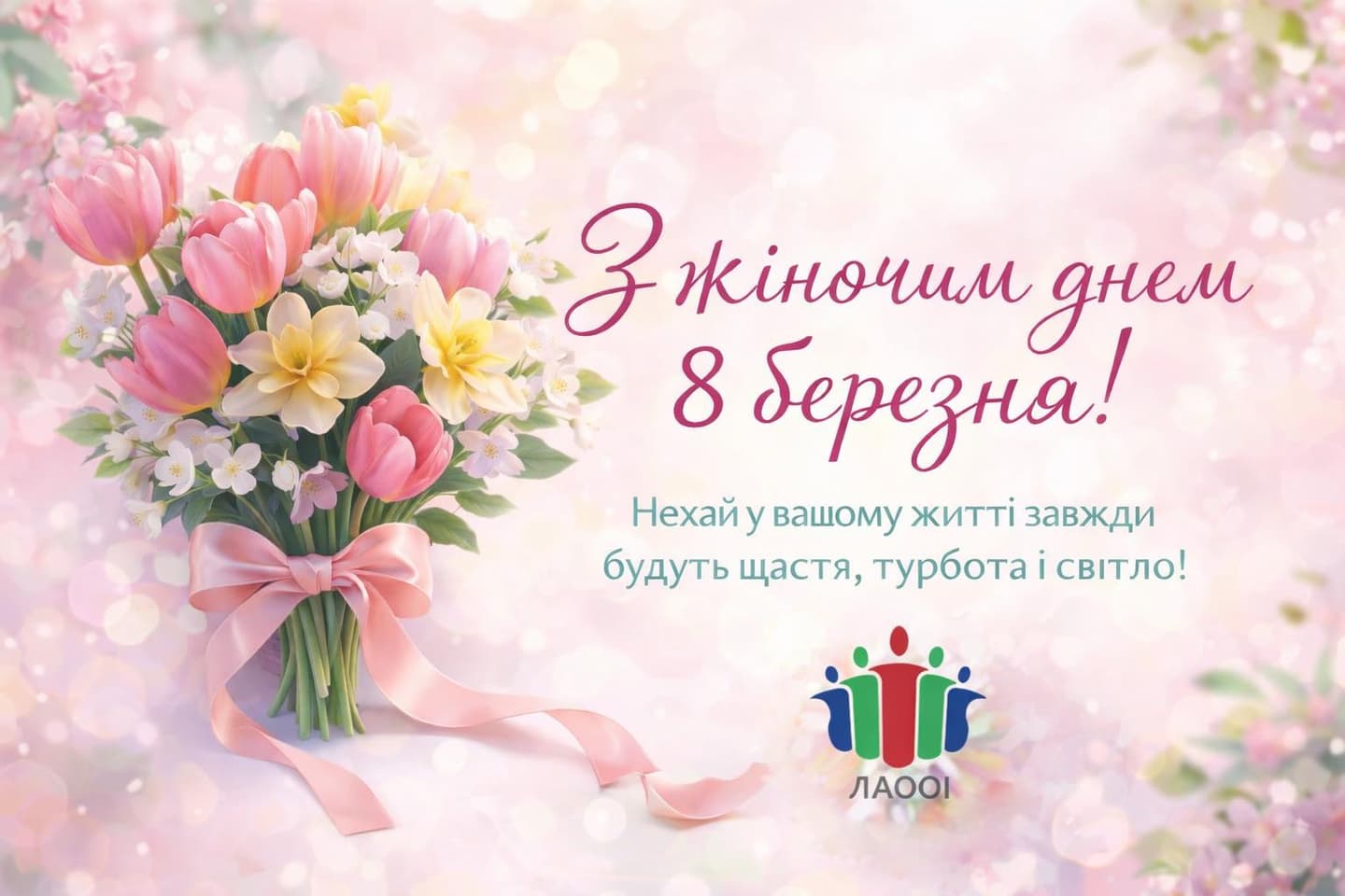 Greeting card for International Women’s Day, March 8. The image features a bouquet of pink tulips, yellow daffodils, and white blossoms tied with a pink ribbon. The background is soft and pastel with bokeh light effects. Ukrainian text reads: “Happy Women’s Day, March 8! May your life always be filled with happiness, care, and light!” A logo is placed at the bottom.
