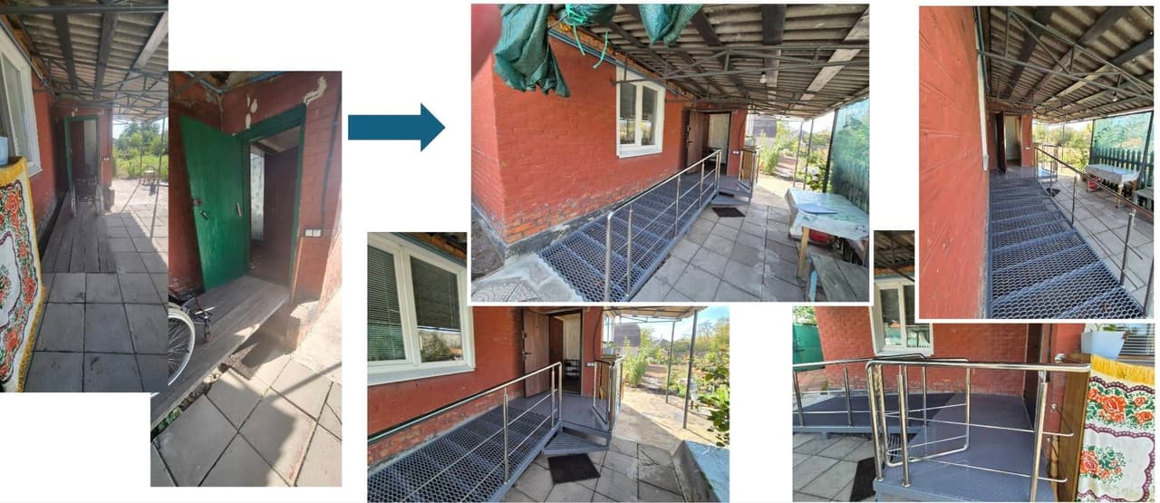 A collage showing the transformation of a building entrance. The left side depicts the original narrow doorway with a bicycle and tiled path, lacking accessibility features. The right side reveals a renovated entrance with a metal ramp, handrails, and a cleaner, more accessible layout.
