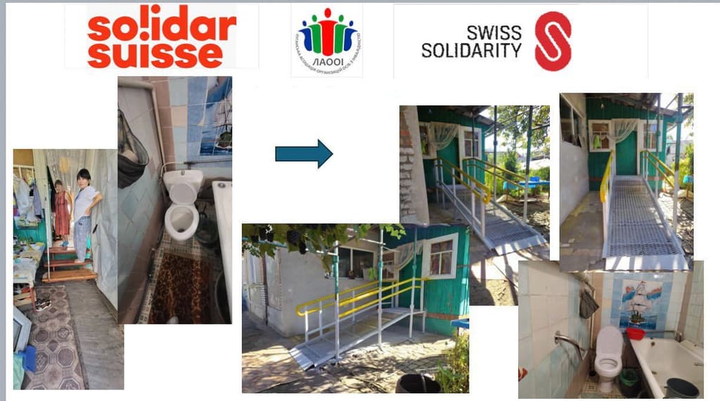 A before-and-after collage shows accessibility improvements to a private home. On the left: photos of the original state—a woman and elderly person near a wooden ramp, and a narrow bathroom with limited access. In the center, a blue arrow points to the right. On the right: images of upgrades—a sturdy metal ramp with yellow handrails at the entrance, and a renovated bathroom with a handrail beside the toilet. At the top are logos of supporting organizations, including “solidar suisse” and “SWISS SOLIDARITY.” The collage documents the impact of humanitarian aid on mobility and living conditions.