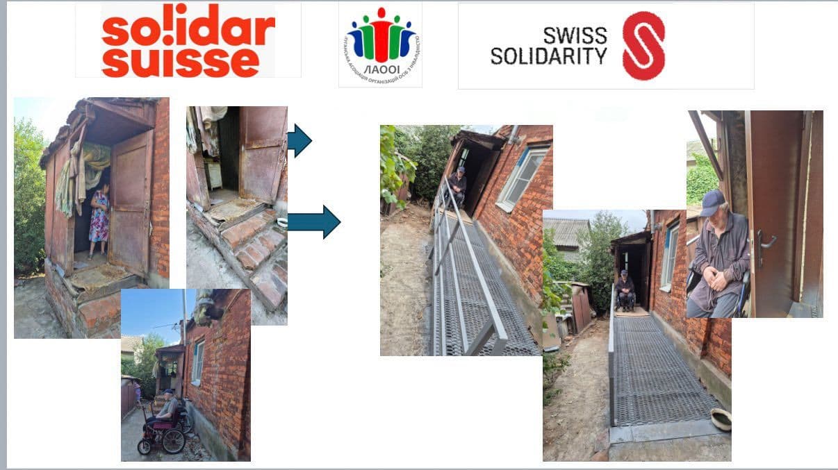 Колаж «до і після» демонструє оновлення входу до приватного будинку для покращення доступності. Ліворуч — фото старого стану: нерівні цегляні сходи, вузький дверний проріз, людина в інвалідному візку намагається потрапити всередину. Праворуч — фото після ремонту: новий металевий пандус із поручнями, що забезпечує плавний доступ. Угорі — логотипи організацій, зокрема «solidar suisse», «SWISS SOLIDARITY» та Луганської асоціації організацій осіб з інвалідністю (ЛАООІ). Сцена ілюструє вплив гуманітарної підтримки на покращення умов життя для людей з порушеннями мобільності.