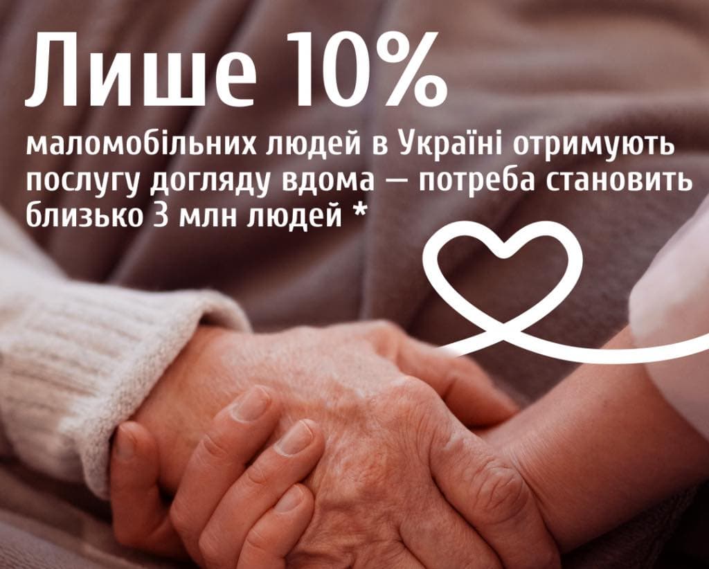 На зображенні дві руки тримають одна одну — одна виглядає старшою, інша молодшою, що символізує турботу та підтримку. Фон м’який і теплий, що підсилює емоційний настрій сцени. Біля рук намальована біла лінія у формі серця. У нижній частині зображення є текст українською мовою: «Лише 10% маломобільних людей в Україні отримують послугу догляду вдома — потреба становить близько 3 млн людей *».