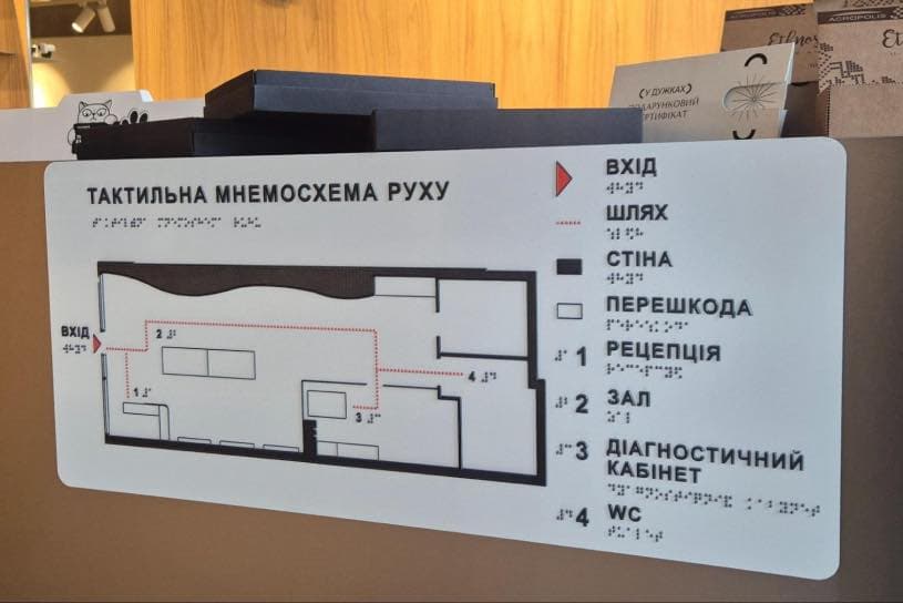 A tactile navigation map designed for visually impaired individuals. The floor plan shows the entrance, paths, walls, obstacles, reception, hall, diagnostic office, and restroom. Printed Ukrainian text is accompanied by Braille labels. The legend provides symbols for orientation and accessibility.
